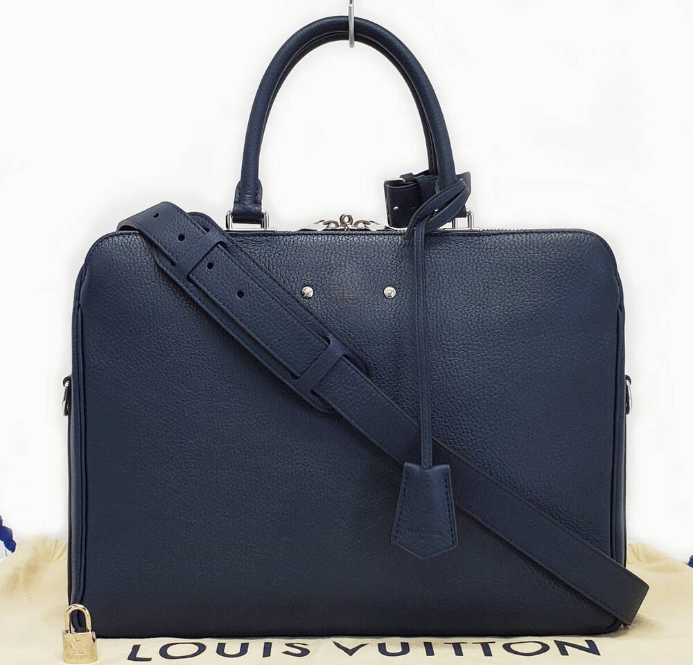 Louis Vuitton Armand Briefcase Business Bag Taurillon Leather Blue Gray Navy